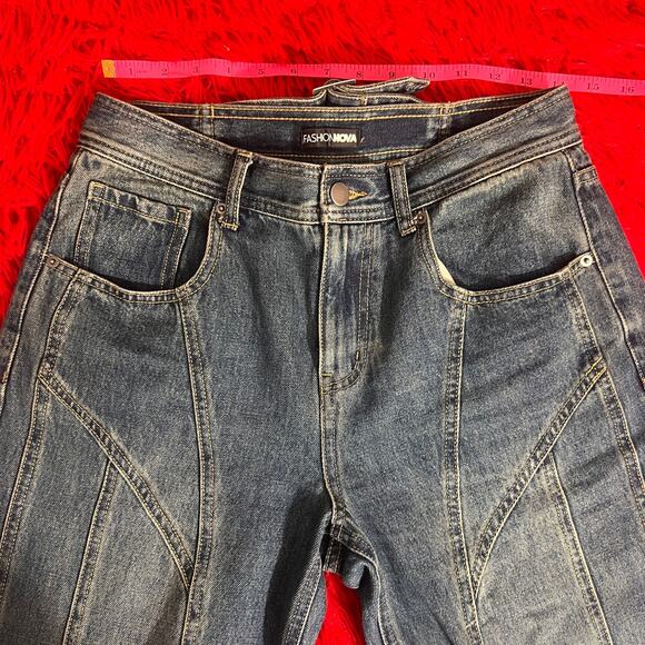 Fashion Nova Dark Wash Denim Jeans with Tan Stitching Mid Rise Wide leg Medium - Picture 2 of 4